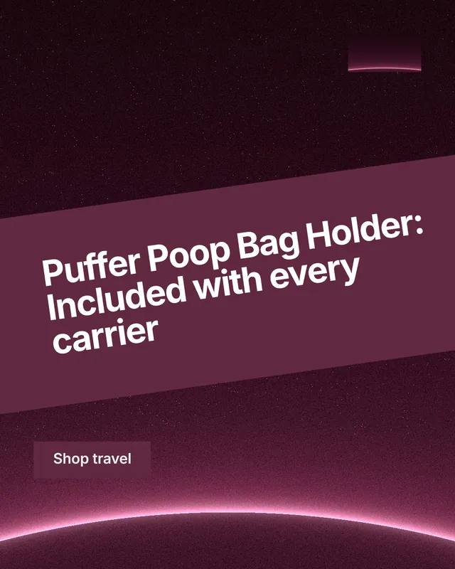 Instagram portrait post for By Teddy: "Puffer Poop Bag Holder: Included with every carrier". Swiss style, diagonal layout, dark palette in black, red, pink.