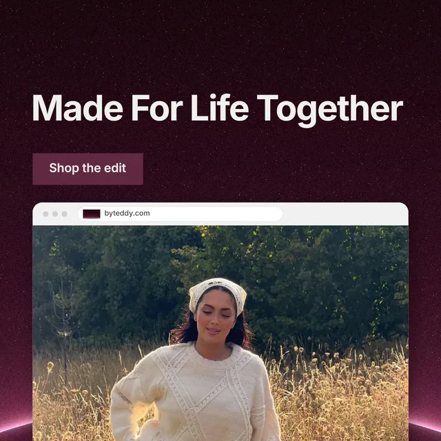 Instagram post for By Teddy: "Made For Life Together". Swiss style, browser layout, dark palette in black, grey, pink.