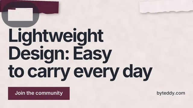 Landscape graphic for By Teddy: "Lightweight Design: Easy to carry every day". Swiss style, poster layout, light palette in red, grey, white.