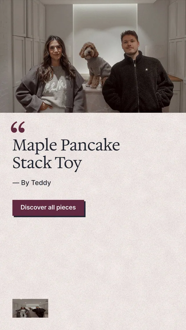 Instagram story for By Teddy: "Maple Pancake Stack Toy". Paper trio style, quote layout, light palette in red, grey, orange.