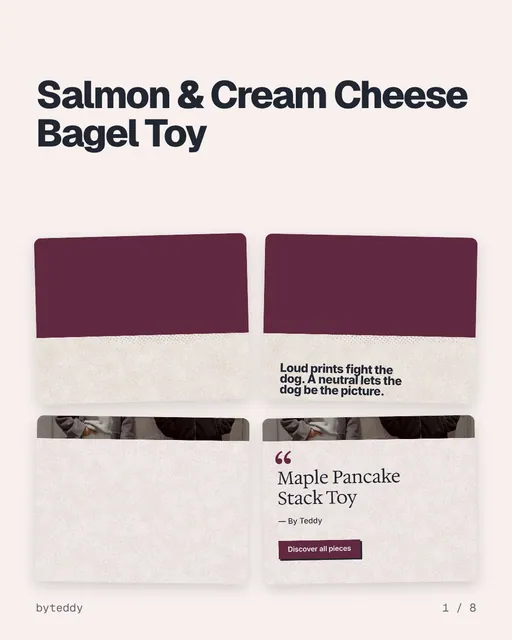 Carousel for By Teddy: "Salmon & Cream Cheese Bagel Toy". Collection carousel, 8 slides, light palette.