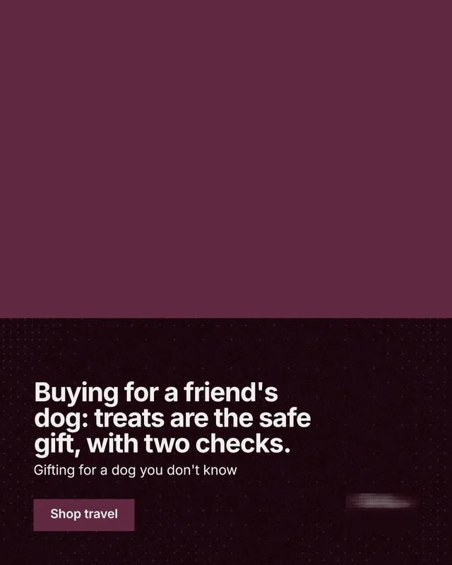 Instagram portrait post for By Teddy: "Buying for a friend's dog: treats are the safe gift, with two checks." Swiss style, bottom layout, dark palette in red, black.
