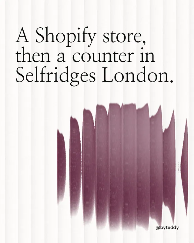 Instagram portrait post for By Teddy: "A Shopify store, then a counter in Selfridges London." Auto 4x5 style, technique:shader field layout, light palette in white, red, grey.