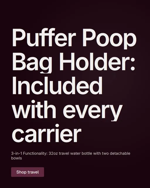 Video for By Teddy: "Puffer Poop Bag Holder: Included with every carrier". Kinetic type grid, 8.0 s, dark palette.