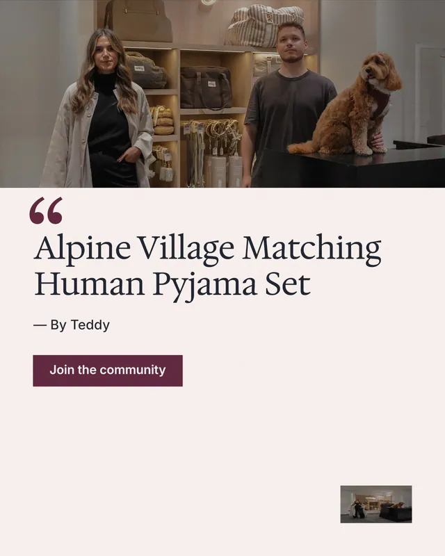 Instagram portrait post for By Teddy: "Alpine Village Matching Human Pyjama Set". Swiss style, quote layout, light palette in white, orange, grey.