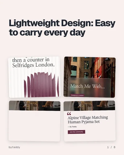 Carousel for By Teddy: "Lightweight Design: Easy to carry every day". Collection carousel, 8 slides, light palette.