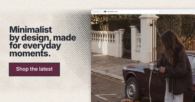 Social ad for By Teddy: "Minimalist by design, made for everyday moments." Ink sticker style, browser layout, light palette in red, grey, orange.