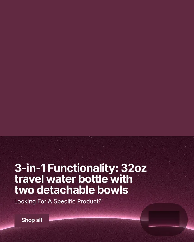 Instagram portrait post for By Teddy: "3-in-1 Functionality: 32oz travel water bottle with two detachable bowls". Swiss style, bottom layout, dark palette in red, pink.