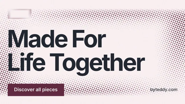 Landscape graphic for By Teddy: "Made For Life Together". Swiss style, poster layout, light palette in white, red, grey.