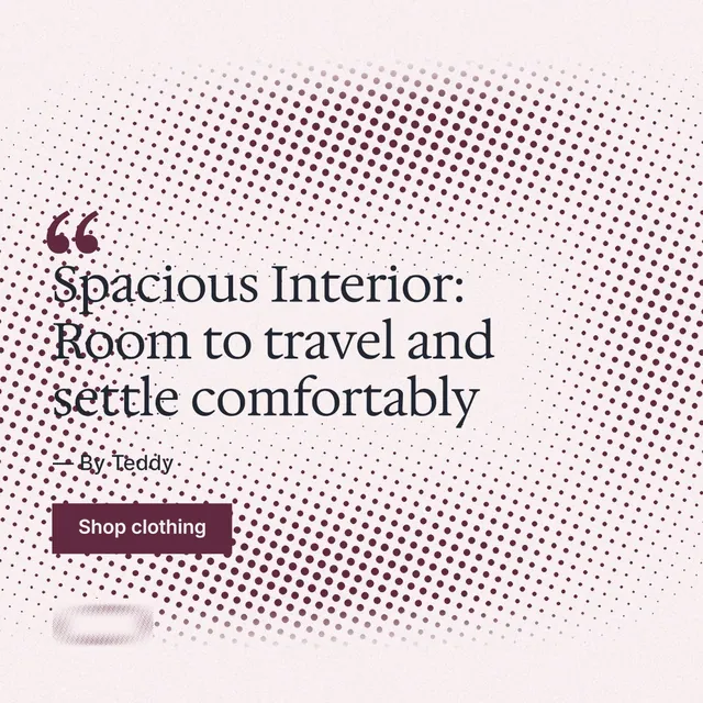 Instagram post for By Teddy: "Spacious Interior: Room to travel and settle comfortably". Swiss style, quote layout, light palette in red, white, grey.