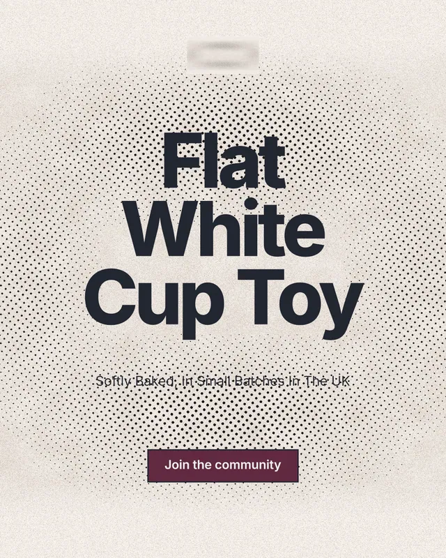 Instagram portrait post for By Teddy: "Flat White Cup Toy". Ink sticker style, centred layout, light palette in white, orange, grey.