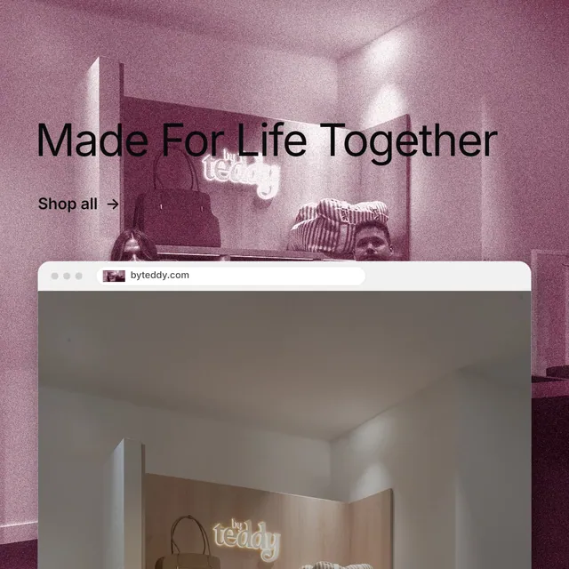 Instagram post for By Teddy: "Made For Life Together". Film still style, browser layout, light palette in grey, red, white.