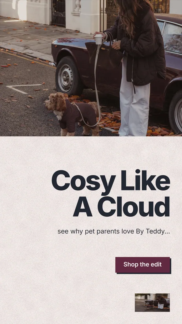Instagram story for By Teddy: "Cosy Like A Cloud". Paper trio style, right layout, light palette in orange, black, grey.