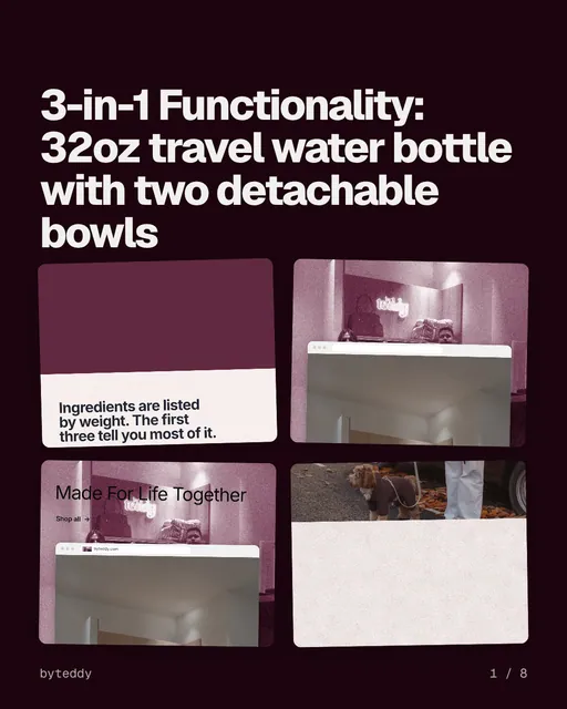 Carousel for By Teddy: "3-in-1 Functionality: 32oz travel water bottle with two detachable bowls". Collection carousel, 8 slides, dark palette.
