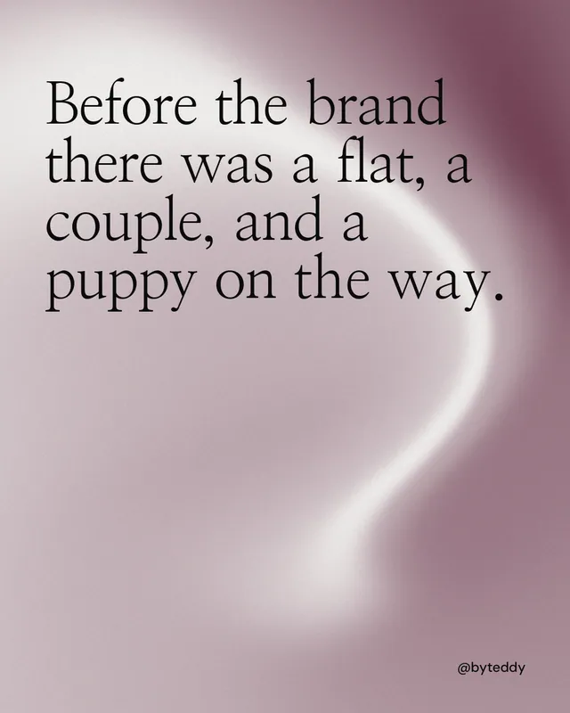 Instagram portrait post for By Teddy: "Before the brand there was a flat, a couple, and a puppy on the way." Auto 4x5 style, technique:shader field layout, light palette in grey, white.