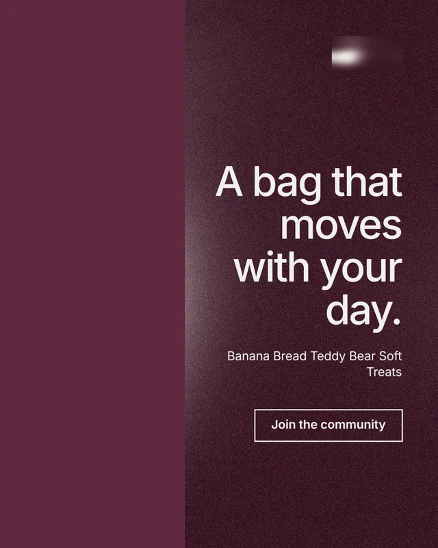 Instagram portrait post for By Teddy: "A bag that moves with your day." Cyanotype style, right layout, dark palette in red, grey.