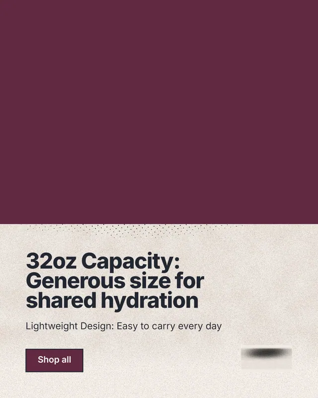 Instagram portrait post for By Teddy: "32oz Capacity: Generous size for shared hydration". Ink sticker style, bottom layout, light palette in red, orange, grey.