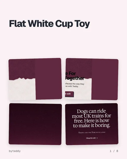 Carousel for By Teddy: "Flat White Cup Toy". Collection carousel, 8 slides, light palette.