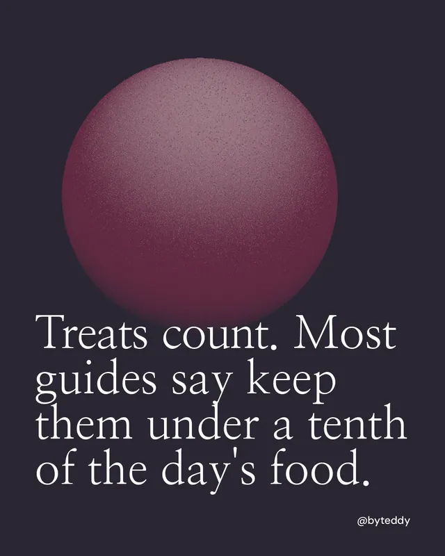 Instagram portrait post for By Teddy: "Treats count. Most guides say keep them under a tenth of the day's food." Auto 4x5 style, technique:shader field layout, dark palette in black, grey.