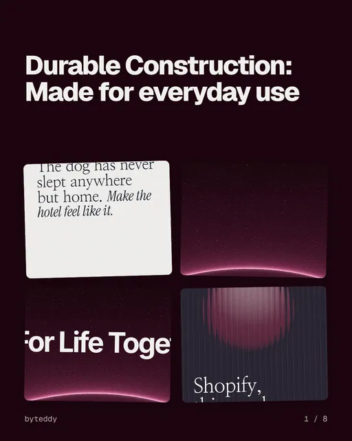 Carousel for By Teddy: "Durable Construction: Made for everyday use". Collection carousel, 8 slides, dark palette.
