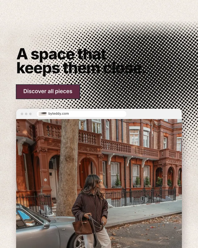 Instagram portrait post for By Teddy: "A space that keeps them close." Ink sticker style, browser layout, light palette in grey, red, orange.