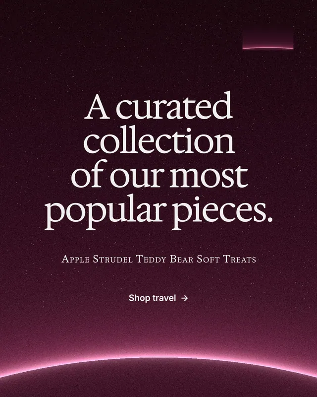 Instagram portrait post for By Teddy: "A curated collection of our most popular pieces." Swiss style, smallcaps layout, dark palette in black, pink, grey.
