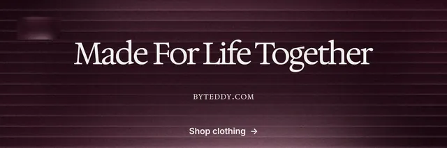 X header for By Teddy: "Made For Life Together". Swiss style, smallcaps layout, dark palette in pink, black, red.