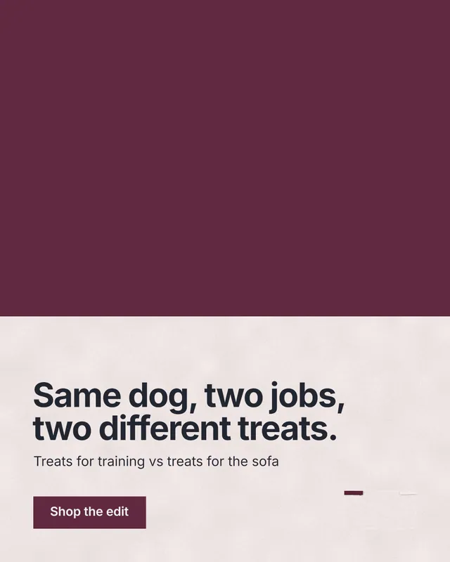 Instagram portrait post for By Teddy: "Same dog, two jobs, two different treats." Swiss style, bottom layout, light palette in red.