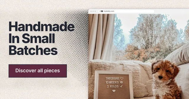 Social ad for By Teddy: "Handmade In Small Batches". Ink sticker style, browser layout, light palette in grey, red, orange.