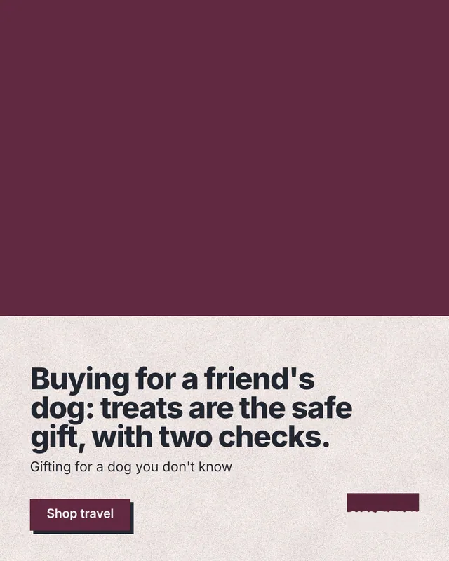 Instagram portrait post for By Teddy: "Buying for a friend's dog: treats are the safe gift, with two checks." Paper trio style, bottom layout, light palette in red, orange, grey.