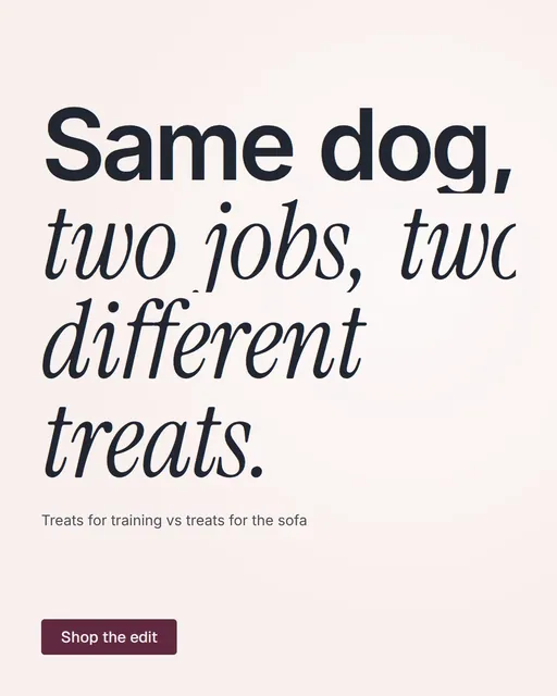 Video for By Teddy: "Same dog, two jobs, two different treats.". Doc motion loop, 8.0 s, light palette.