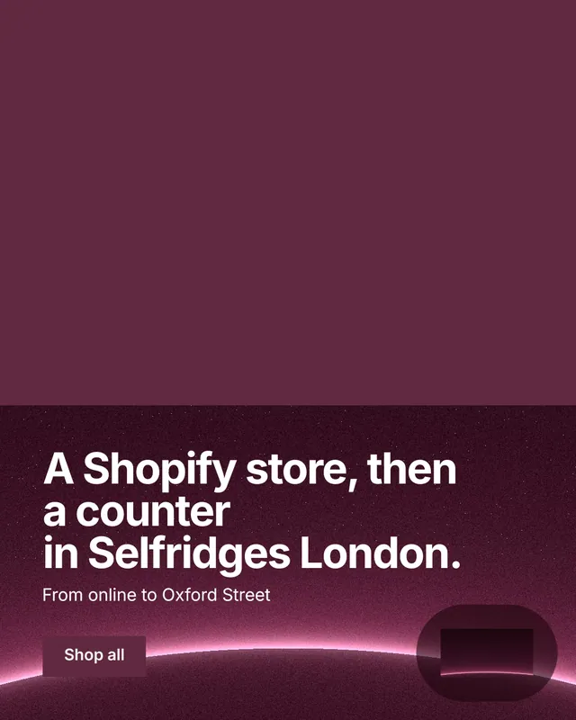Instagram portrait post for By Teddy: "A Shopify store, then a counter in Selfridges London." Swiss style, bottom layout, dark palette in red, pink, grey.
