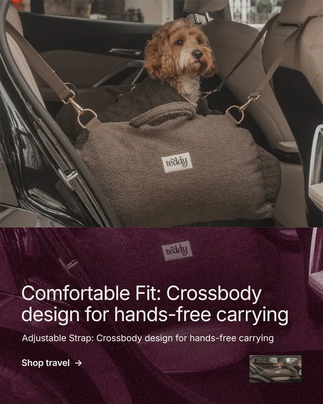 Instagram portrait post for By Teddy: "Comfortable Fit: Crossbody design for hands-free carrying". Film still style, bottom layout, dark palette in red, black, grey.
