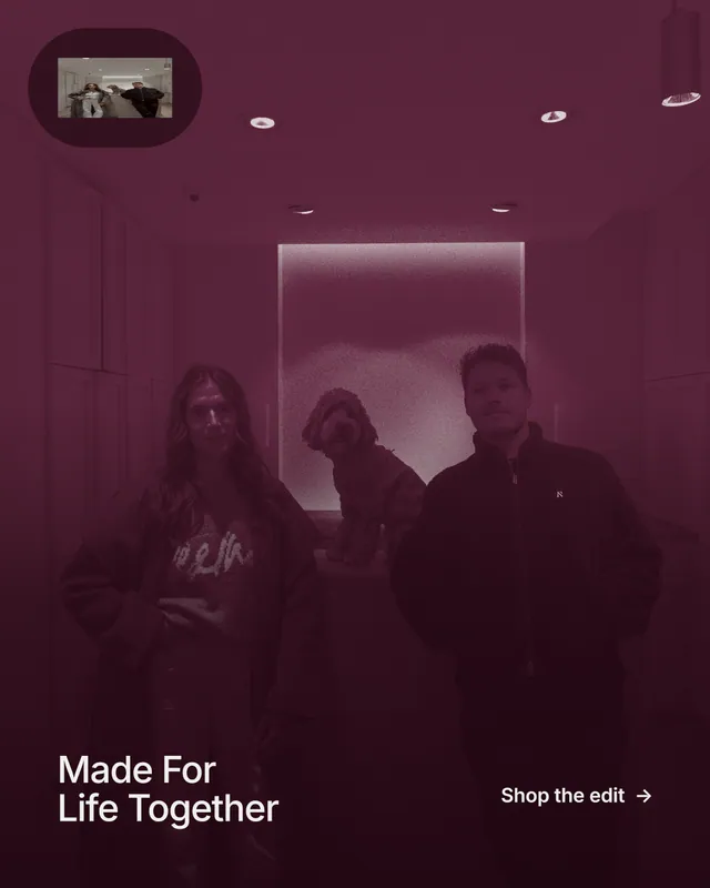 Instagram portrait post for By Teddy: "Made For Life Together". Cyanotype style, image led layout, dark palette in red, black, pink.