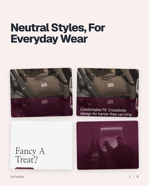 Carousel for By Teddy: "Neutral Styles, For Everyday Wear". Collection carousel, 8 slides, light palette.