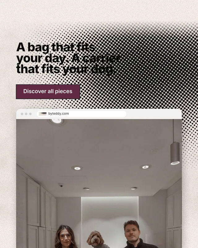 Instagram portrait post for By Teddy: "A bag that fits your day. A carrier that fits your dog." Ink sticker style, browser layout, light palette in orange, grey.