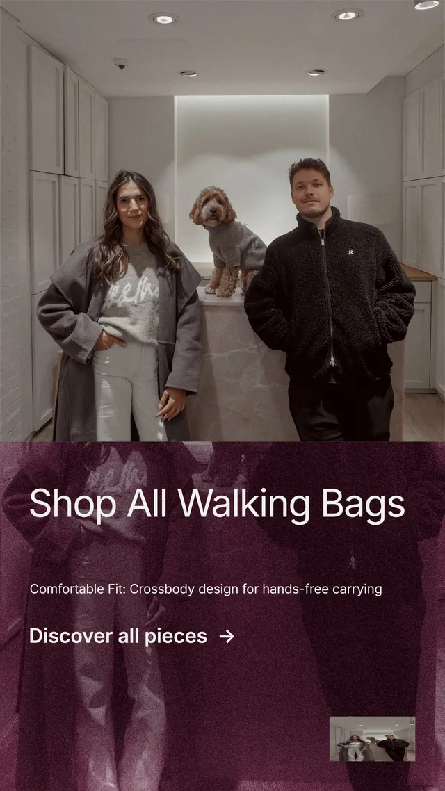 Instagram story for By Teddy: "Shop All Walking Bags". Film still style, bottom layout, dark palette in red, black, grey.