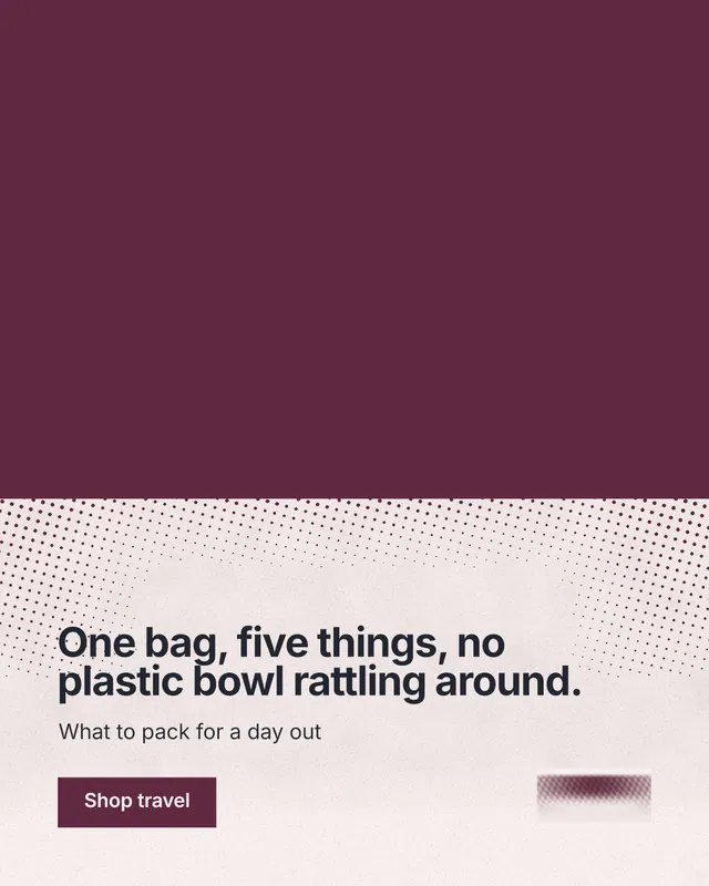 Instagram portrait post for By Teddy: "One bag, five things, no plastic bowl rattling around." Retro print style, bottom layout, light palette in red, white, grey.