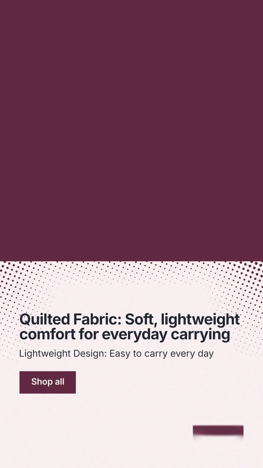 Instagram story for By Teddy: "Quilted Fabric: Soft, lightweight comfort for everyday carrying". Swiss style, bottom layout, light palette in red, white, grey.