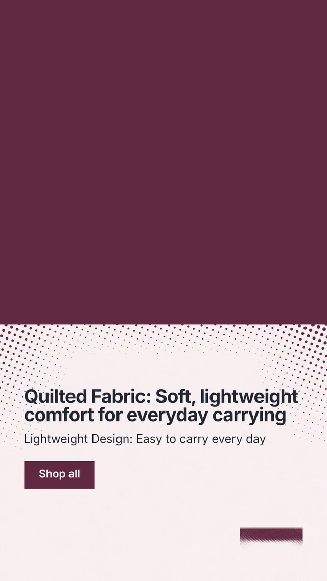 Instagram story for By Teddy: "Quilted Fabric: Soft, lightweight comfort for everyday carrying". Swiss style, bottom layout, light palette in red, white, grey.