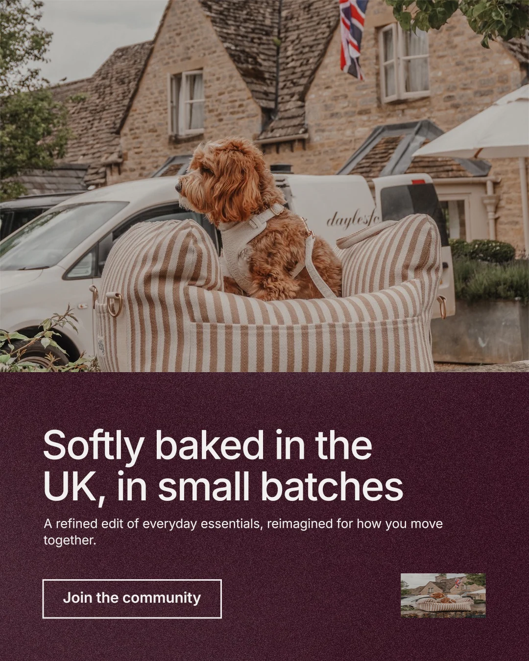 Instagram portrait post for By Teddy: "Softly baked in the UK, in small batches". Cyanotype style, bottom layout, dark palette in red, grey.