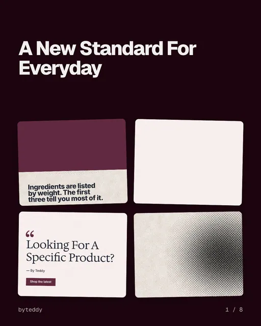 Carousel for By Teddy: "A New Standard For Everyday". Collection carousel, 8 slides, dark palette.