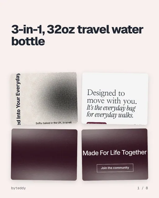 Carousel for By Teddy: "3-in-1, 32oz travel water bottle". Collection carousel, 8 slides, light palette.