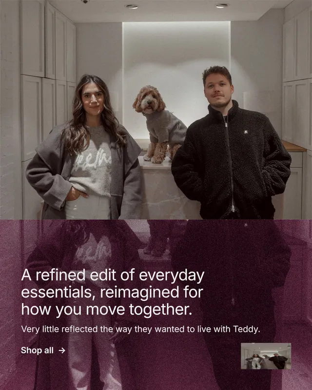 Instagram portrait post for By Teddy: "A refined edit of everyday essentials, reimagined for how you move together." Film still style, bottom layout, dark palette in black, red, grey.