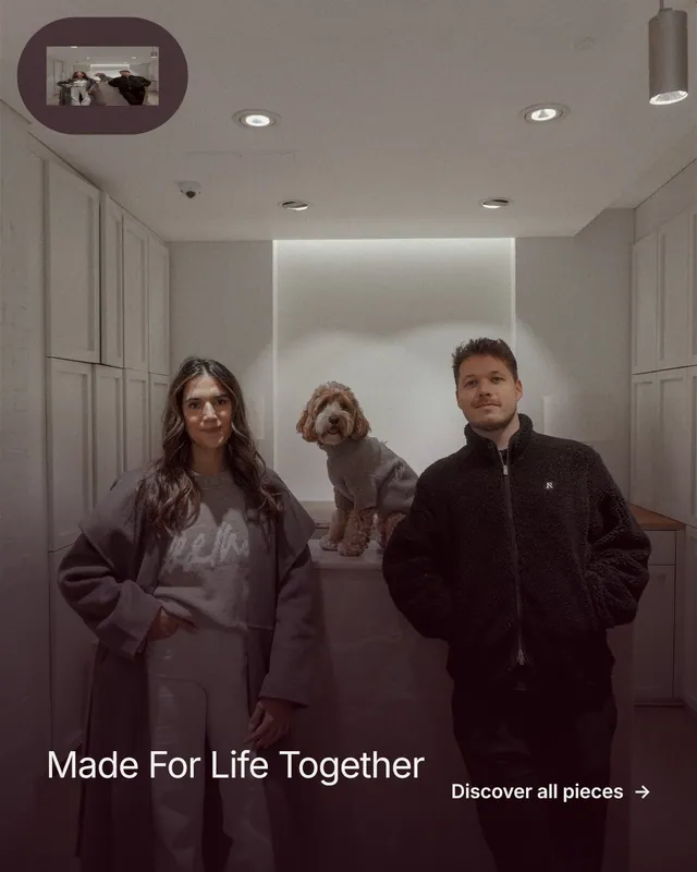 Instagram portrait post for By Teddy: "Made For Life Together". Film still style, image led layout, dark palette in black, grey.