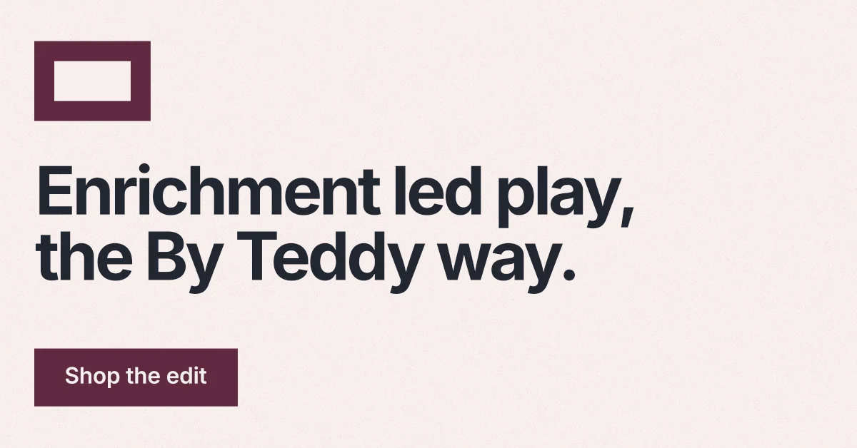 Social ad for By Teddy: "Enrichment led play, the By Teddy way." Swiss style, announce layout, light palette in white, grey.
