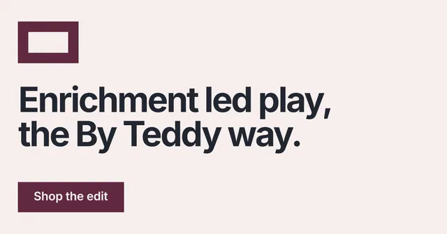 Social ad for By Teddy: "Enrichment led play, the By Teddy way." Swiss style, announce layout, light palette in white, grey.
