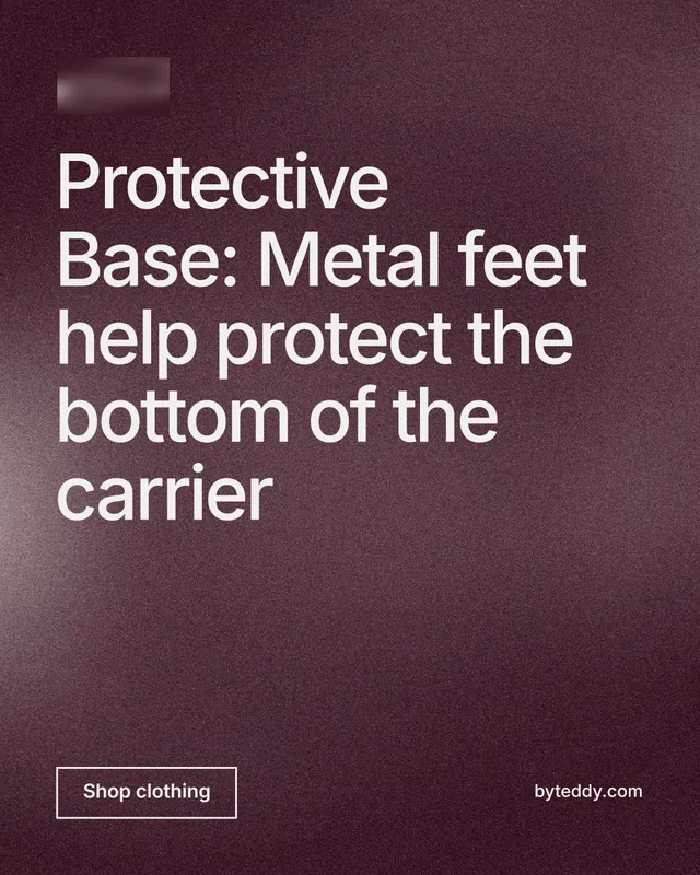 Instagram portrait post for By Teddy: "Protective Base: Metal feet help protect the bottom of the carrier". Cyanotype style, poster layout, dark palette in red, grey.