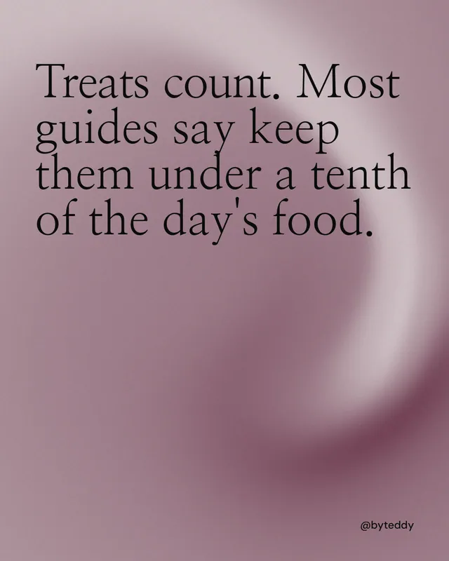 Instagram portrait post for By Teddy: "Treats count. Most guides say keep them under a tenth of the day's food." Auto 4x5 style, technique:shader field layout, light palette in grey.