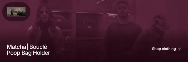 X header for By Teddy: "Matcha┃Bouclé Poop Bag Holder". Cyanotype style, image led layout, dark palette in pink, black.